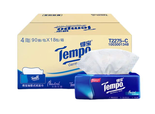 得宝(Tempo) 抽纸 18包*4层90抽 抽取式餐巾纸抽纸 面巾纸 卫生纸天然无香整箱销售