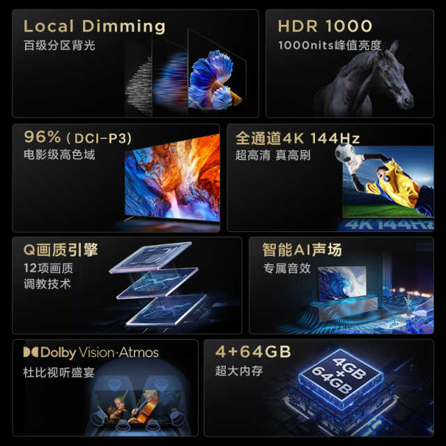 TCL 75T7G 75英寸 百级分区背光 1000nits亮度 4K 144Hz 4+64GB电视