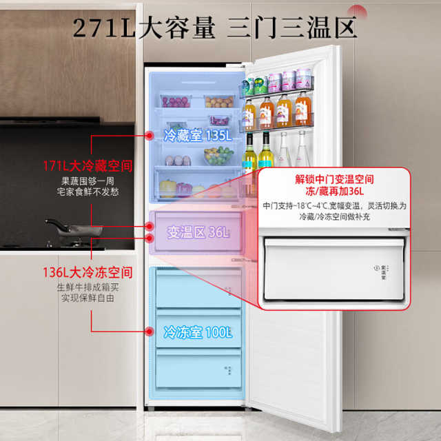 东芝小小白三门冰箱 271L 三门三温 一级双变频 GR-RM285WI-PM153