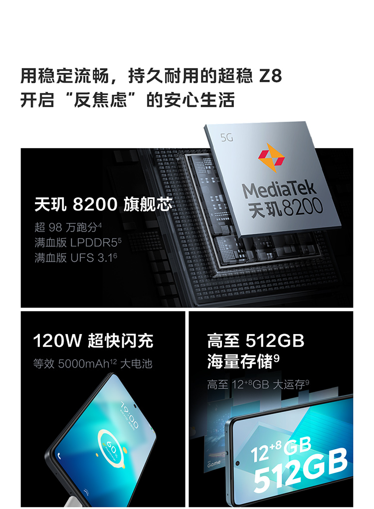 vivo iQOO Z8 12GB+256GB 曜夜黑天玑8200 120W超快闪充5G手机