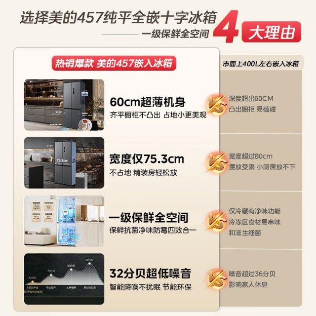 十字门冰箱 60cm超薄 节能降噪 大容量底部散热 MR-457WUSPZE苍穹灰