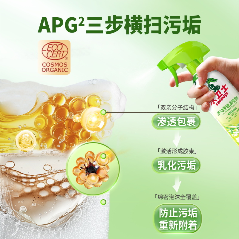 水卫仕多功能清洁剂带喷头1瓶平头盖500g/瓶*2 纸品清洁
